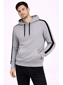 Erkek Şeritli Kapüşonlu Sweatshirt Oversize 3 İplik Pamuklu - Gri