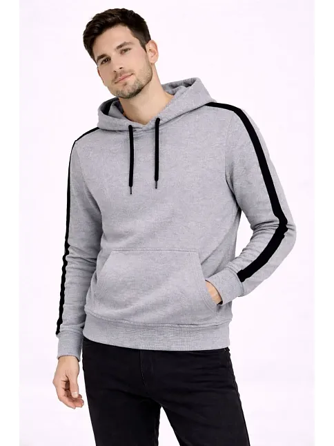 Erkek Şeritli Kapüşonlu Sweatshirt Oversize 3 İplik Pamuklu - Gri