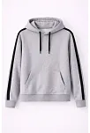 Erkek Şeritli Kapüşonlu Sweatshirt Oversize 3 İplik Pamuklu - Gri