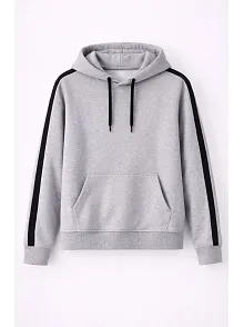 Erkek Şeritli Kapüşonlu Sweatshirt Oversize 3 İplik Pamuklu - Gri