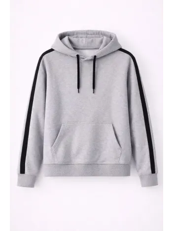 Erkek Şeritli Kapüşonlu Sweatshirt Oversize 3 İplik Pamuklu - Gri