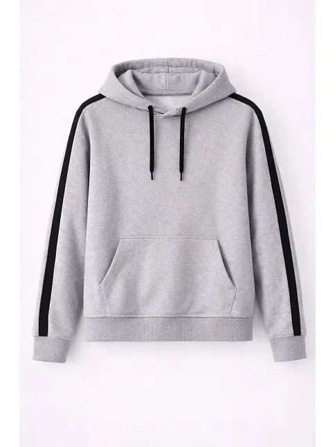 Erkek Şeritli Kapüşonlu Sweatshirt Oversize 3 İplik Pamuklu - Gri