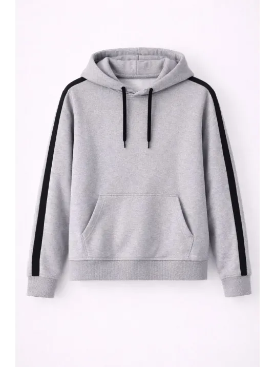 Erkek Şeritli Kapüşonlu Sweatshirt Oversize 3 İplik Pamuklu - Gri Erkek Şeritli Kapüşonlu Sweatshirt Oversize 3 İplik Pamuklu - Gri