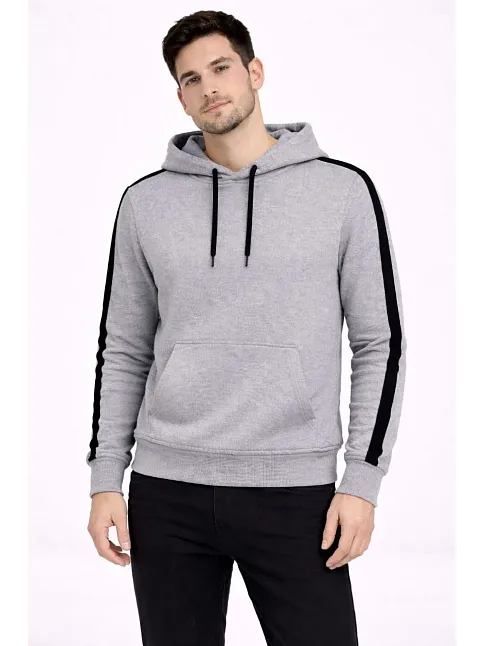 Erkek Şeritli Kapüşonlu Sweatshirt Oversize 3 İplik Pamuklu - Gri