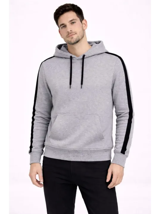 Erkek Şeritli Kapüşonlu Sweatshirt Oversize 3 İplik Pamuklu - Gri Erkek Şeritli Kapüşonlu Sweatshirt Oversize 3 İplik Pamuklu - Gri