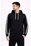 Erkek Şeritli Kapüşonlu Sweatshirt Oversize 3 İplik Pamuklu - Siyah