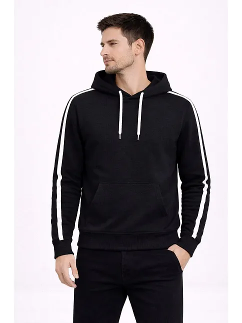 Erkek Şeritli Kapüşonlu Sweatshirt Oversize 3 İplik Pamuklu - Siyah