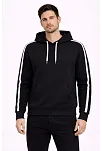 Erkek Şeritli Kapüşonlu Sweatshirt Oversize 3 İplik Pamuklu - Siyah