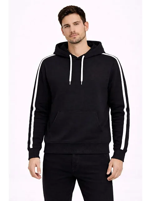Erkek Şeritli Kapüşonlu Sweatshirt Oversize 3 İplik Pamuklu - Siyah