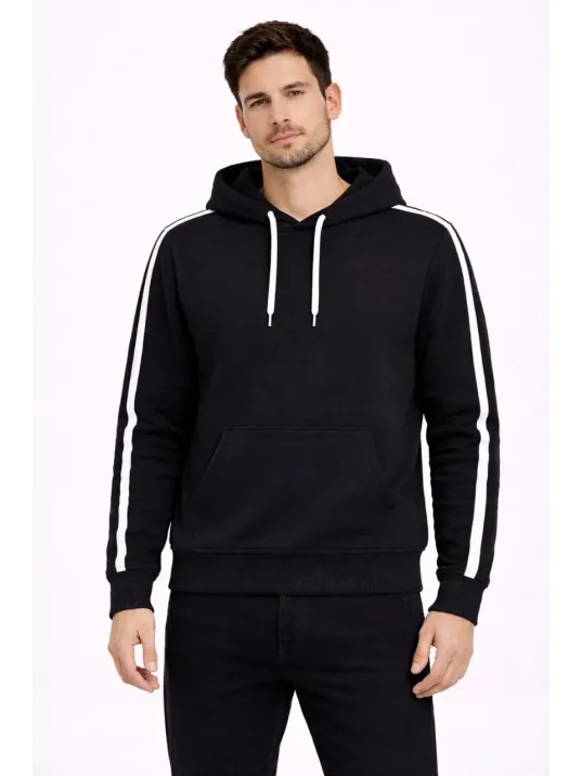 Erkek Şeritli Kapüşonlu Sweatshirt Oversize 3 İplik Pamuklu - Siyah