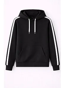 Erkek Şeritli Kapüşonlu Sweatshirt Oversize 3 İplik Pamuklu - Siyah
