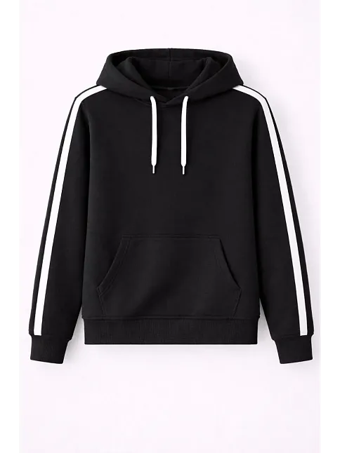 Erkek Şeritli Kapüşonlu Sweatshirt Oversize 3 İplik Pamuklu - Siyah