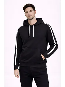 Erkek Şeritli Kapüşonlu Sweatshirt Oversize 3 İplik Pamuklu - Siyah