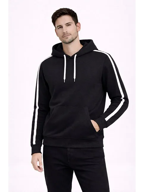 Erkek Şeritli Kapüşonlu Sweatshirt Oversize 3 İplik Pamuklu - Siyah