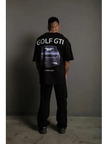 Erkek Oversize Baskılı Tişört – Golf GTI Retro Araba Desenli, Ön & Arka Dijital Baskı, Sokak Modası Stil - Siyah