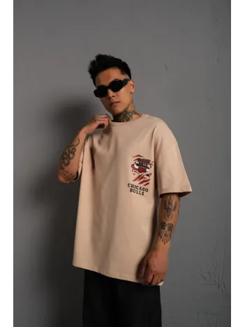 Erkek Sırt Baskılı A Kalite Oversize T-shirt - Bej Erkek Sırt Baskılı A Kalite Oversize T-shirt - Bej