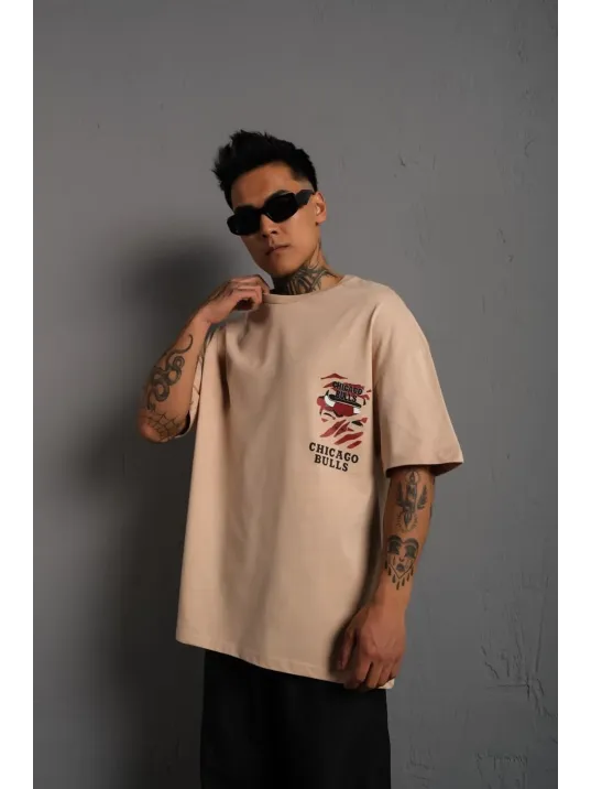 Erkek Sırt Baskılı A Kalite Oversize T-shirt - Bej Erkek Sırt Baskılı A Kalite Oversize T-shirt - Bej
