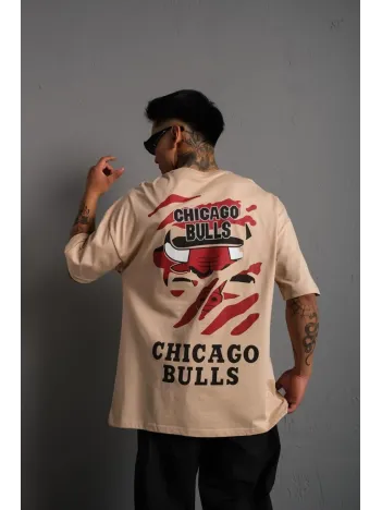 Erkek Sırt Baskılı A Kalite Oversize T-shirt - Bej