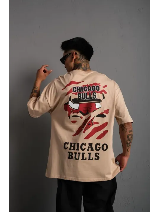 Erkek Sırt Baskılı A Kalite Oversize T-shirt - Bej Erkek Sırt Baskılı A Kalite Oversize T-shirt - Bej