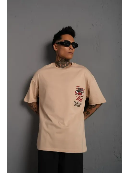 Erkek Sırt Baskılı A Kalite Oversize T-shirt - Bej Erkek Sırt Baskılı A Kalite Oversize T-shirt - Bej