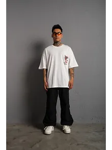 Erkek Sırt Baskılı Oversize  Kısa Kol T-shirt - Beyaz