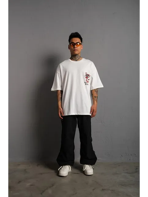Erkek Sırt Baskılı Oversize  Kısa Kol T-shirt - Beyaz