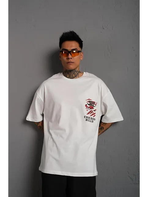 Erkek Sırt Baskılı Oversize  Kısa Kol T-shirt - Beyaz