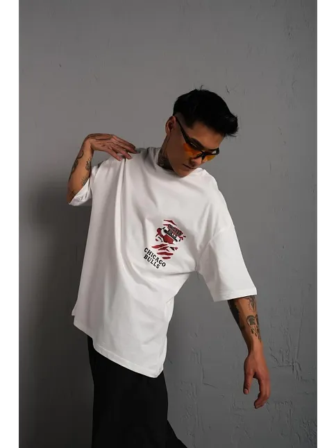 Erkek Sırt Baskılı Oversize  Kısa Kol T-shirt - Beyaz