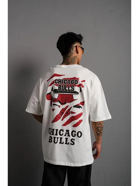 Erkek Sırt Baskılı Oversize  Kısa Kol T-shirt - Beyaz