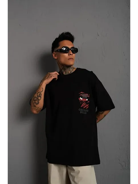 Erkek Sırt Baskılı A Kalite Oversize T-shirt - Siyah