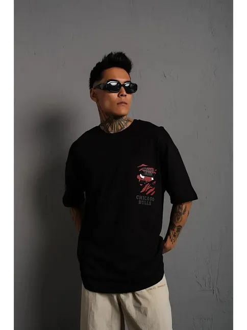 Erkek Sırt Baskılı A Kalite Oversize T-shirt - Siyah