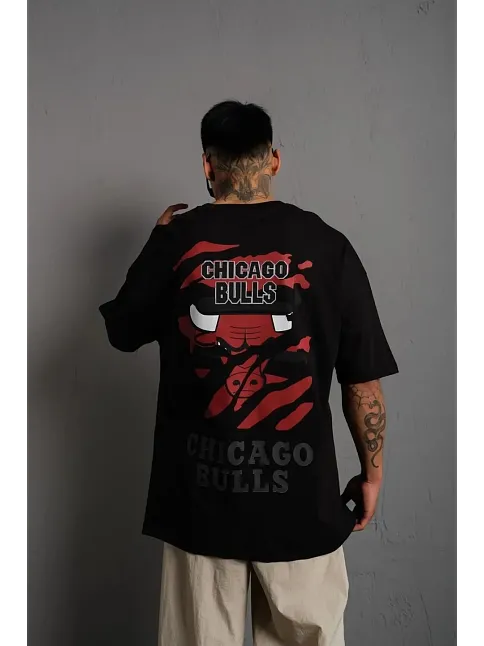 Erkek Sırt Baskılı A Kalite Oversize T-shirt - Siyah