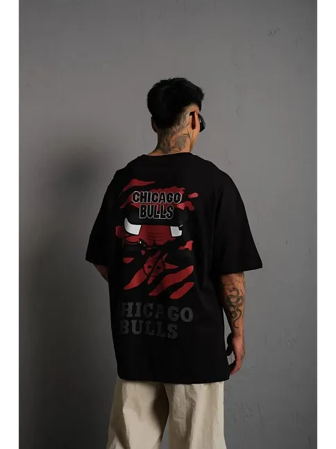 Erkek Sırt Baskılı A Kalite Oversize T-shirt - Siyah