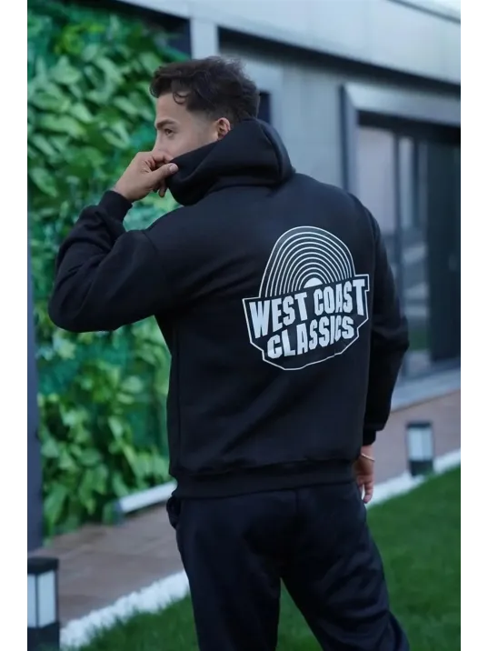 Erkek Oversize Üç İplik Kapüşonlu Sweatshirt – Siyah Sırt ve Ön Baskılı, Kanguru Cepli, Rahat Kalıp, İçi Pamuklu ModeL-Siyah Erkek Oversize Üç İplik Kapüşonlu Sweatshirt – Siyah Sırt ve Ön Baskılı, Kanguru Cepli, Rahat Kalıp, İçi Pamuklu ModeL-Siyah