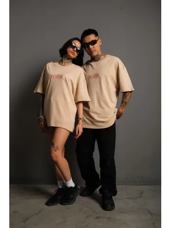 Erkek Oversize Tişört – Beyaz 24/1 Penye Kumaş, Bisiklet Yaka, Ön & Arka Baskılı, Streetwear Tarzı Rahat Büyük Kalıp T-Shirt - Bej