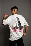 Erkek Oversize Tişört – Beyaz 24/1 Penye Kumaş, Bisiklet Yaka, Ön & Arka Baskılı, Streetwear Tarzı Rahat Büyük Kalıp T-shirt- Beyaz