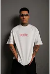 Erkek Oversize Tişört – Beyaz 24/1 Penye Kumaş, Bisiklet Yaka, Ön & Arka Baskılı, Streetwear Tarzı Rahat Büyük Kalıp T-shirt- Beyaz