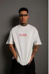 Erkek Oversize Tişört – Beyaz 24/1 Penye Kumaş, Bisiklet Yaka, Ön & Arka Baskılı, Streetwear Tarzı Rahat Büyük Kalıp T-shirt- Beyaz