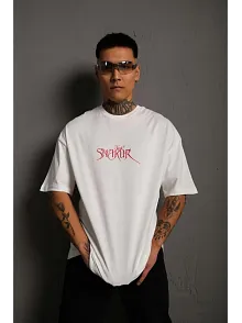 Erkek Oversize Tişört – Beyaz 24/1 Penye Kumaş, Bisiklet Yaka, Ön & Arka Baskılı, Streetwear Tarzı Rahat Büyük Kalıp T-shirt- Beyaz