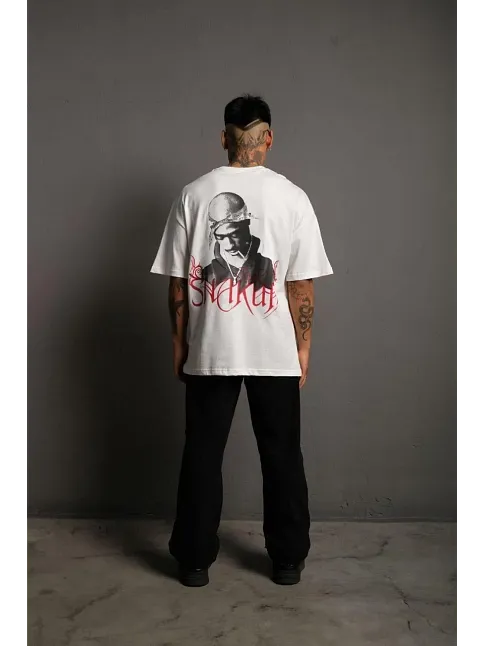 Erkek Oversize Tişört – Beyaz 24/1 Penye Kumaş, Bisiklet Yaka, Ön & Arka Baskılı, Streetwear Tarzı Rahat Büyük Kalıp T-shirt- Beyaz