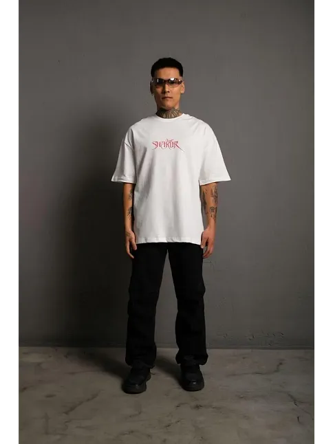 Erkek Oversize Tişört – Beyaz 24/1 Penye Kumaş, Bisiklet Yaka, Ön & Arka Baskılı, Streetwear Tarzı Rahat Büyük Kalıp T-shirt- Beyaz