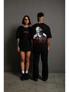 Erkek Oversize Tişört – Beyaz 24/1 Penye Kumaş, Bisiklet Yaka, Ön & Arka Baskılı, Streetwear Tarzı Rahat Büyük Kalıp T-shirt - Siyah