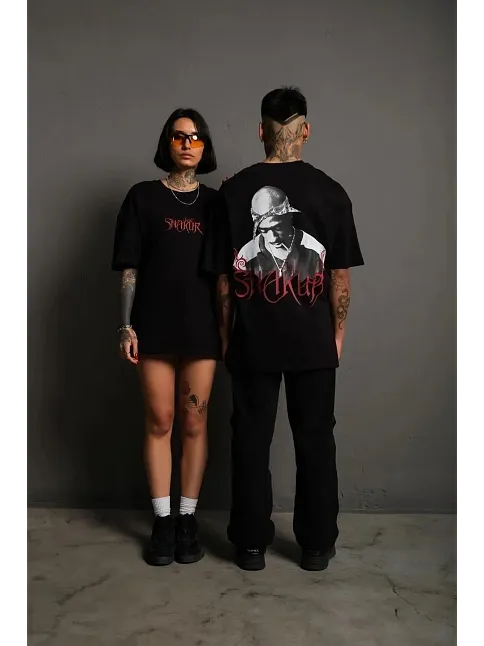 Erkek Oversize Tişört – Beyaz 24/1 Penye Kumaş, Bisiklet Yaka, Ön & Arka Baskılı, Streetwear Tarzı Rahat Büyük Kalıp T-shirt - Siyah