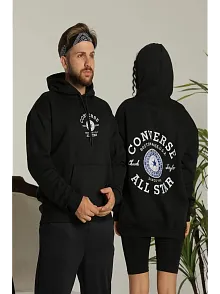 Erkek Sırt Baskılı Oversize Üç İplik Kapüşonlu Hoodie Sweatshirt - Siyah