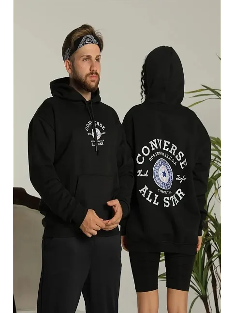 Erkek Sırt Baskılı Oversize Üç İplik Kapüşonlu Hoodie Sweatshirt - Siyah Erkek Sırt Baskılı Oversize Üç İplik Kapüşonlu Hoodie Sweatshirt - Siyah