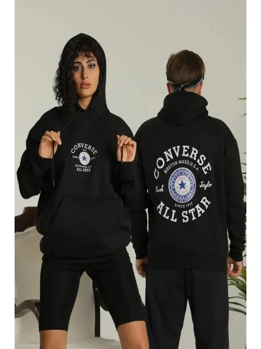 Unisex Oversize Üç İplik Şardonlu Kapüşonlu Sweatshirt – All Star Ön ve Arka Baskılı, Kanguru Cepli, Rahat Kalıp Kışlık Model - Siyah