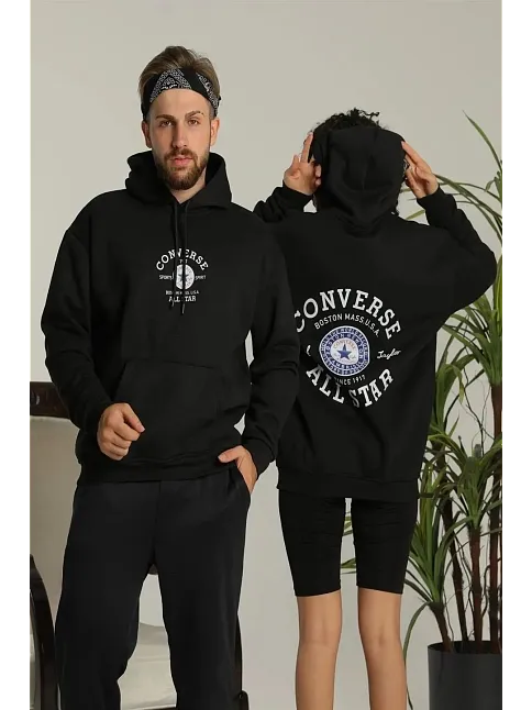 Erkek Sırt Baskılı Oversize Üç İplik Kapüşonlu Hoodie Sweatshirt - Siyah Erkek Sırt Baskılı Oversize Üç İplik Kapüşonlu Hoodie Sweatshirt - Siyah