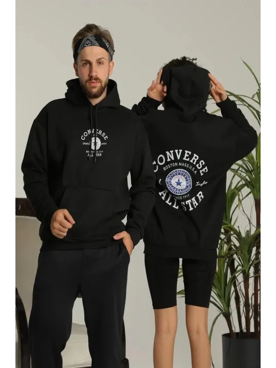 Unisex Oversize Üç İplik Şardonlu Kapüşonlu Sweatshirt – All Star Ön ve Arka Baskılı, Kanguru Cepli, Rahat Kalıp Kışlık Model - Siyah