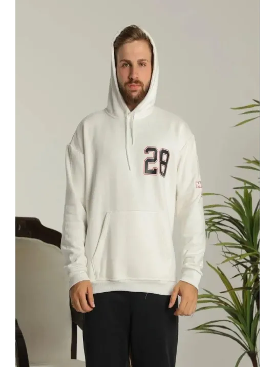 Erkek Oversize Üç İplik Kapüşonlu Sweatshirt –Sırt ve Ön Baskılı, Kanguru Cepli, Rahat Kalıp Maskot Desenli Model - Siyah Beyaz Erkek Oversize Üç İplik Kapüşonlu Sweatshirt –Sırt ve Ön Baskılı, Kanguru Cepli, Rahat Kalıp Maskot Desenli Model - Siyah Beyaz