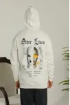 Erkek Oversize Üç İplik Şardonlu Kapüşonlu Sweatshirt – Beyaz “other Lives” Ön Ve Arka Baskılı, Kanguru Cepli, Ribanalı Rahat Kışlık Model Beyaz